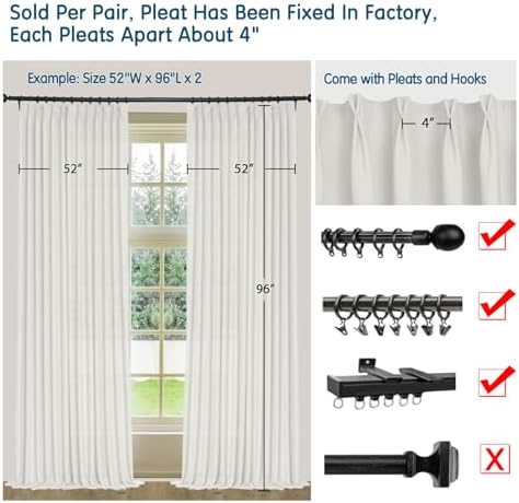LETAU Off White Linen Curtains 63 inches Long, Pinch Pleated Light