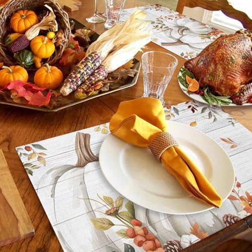 Placemats Set of 8, Autumn White Pumpkin Thanksgiving Washable Table