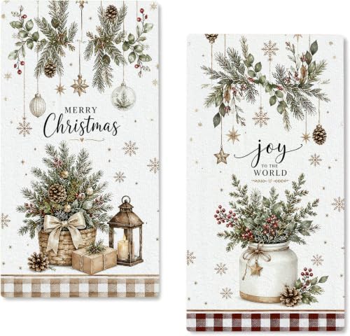 Christmas Kitchen Towels, 16x24 Inch Farmhouse Pine Greenery, Set of 2