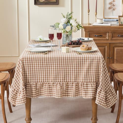 Gingham Ruffled Tablecloth Rectangle Cotton Style, Taupe 52x70