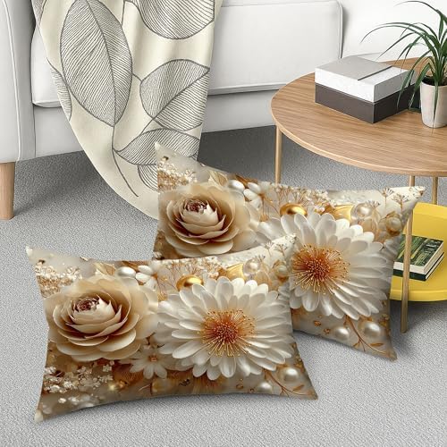 Elegant Floral Pillow Covers Set of 2, Cream Gold Decor Throw Pillows