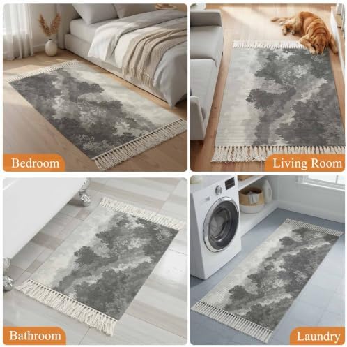 Abstract Pine Trees Hallway Runner Rug 2'x5', Gray Forest Fogged Mist