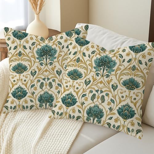 Vintage Floral Pillow Covers Set of 2, Teal and Gold Botanical Print