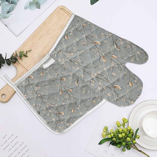 Quilted Cotton Terry Cloth Oven Mitt, Pot Holder Birds Floral Branch