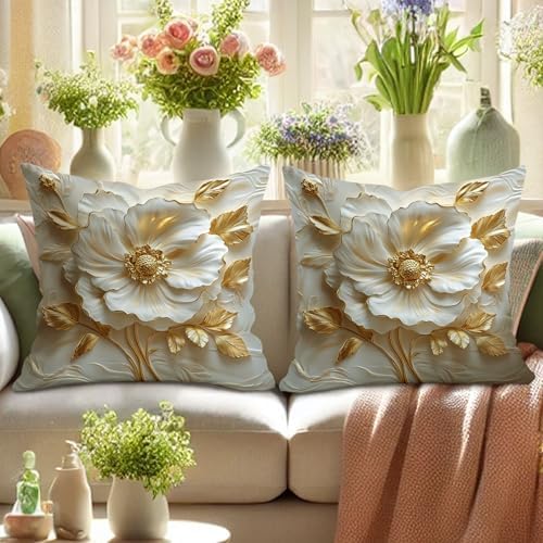 Elegant Floral Throw Pillow Covers Set of 2, Cream White and Gold