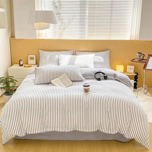 Washed Cotton Duvet Cover Set, Simple Striped Cotton Bedding 4 Pieces