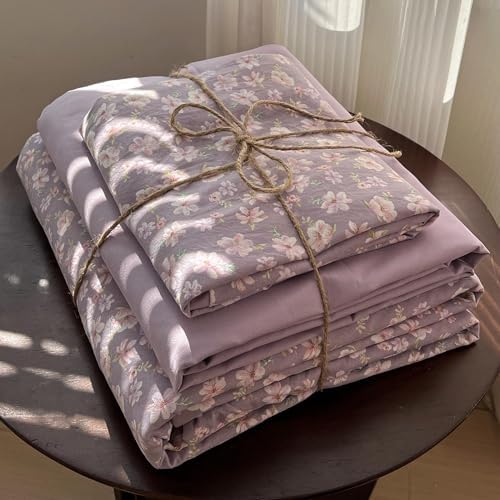Washed Cotton Bedding Duvet Cover Set, Fresh Floral Bedding 4 Pcs Set