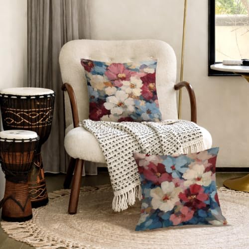 Abstract Floral Pillow Cover 18x18 Set of 2, Vintage Modern Burgundy