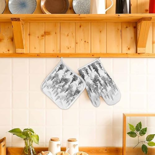 Quilted Cotton Terry Cloth Oven Mitt, Pot Holder Trees Forest