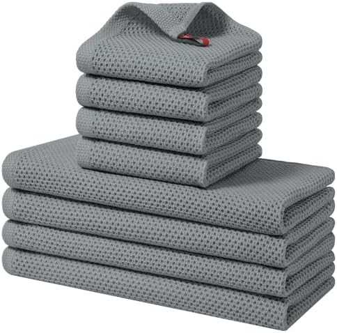 Homaxy 8 Pack 100% Cotton Kitchen Towels and Dishcloths Set, Grey