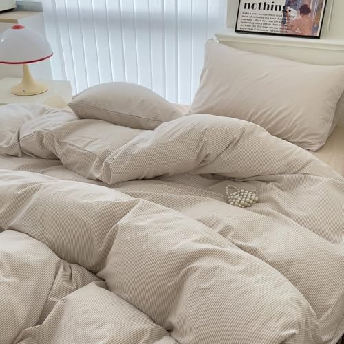 mixinni Tan Striped Duvet Cover Full Size - 100% Washed Cotton Beige