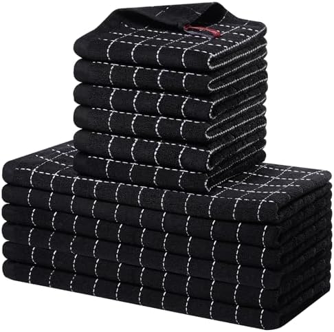 Homaxy Cotton Terry Kitchen Towels and Dishcloths Set of 12, Black