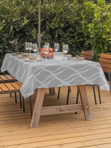 Grey White Stripes Outdoor Rectangle Tablecloth with Umbrella Hole