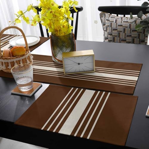 Modern Table Runner and Placemats Set of 6 Brown Striped Linen Texture