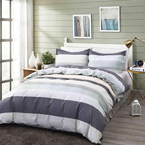 Nanko King Duvet Cover Set 3pc 104x90 Gray Mint Green Striped Pattern