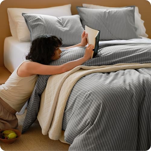 Bedsure PureWoven Striped Duvet Cover Set Linen‐Like, King Size, 3-PC