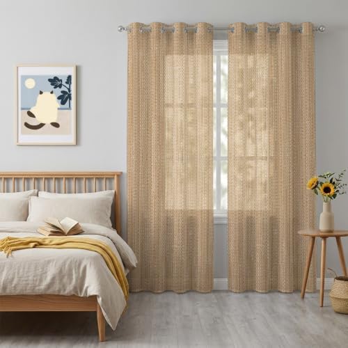 Sand Brown Sheer Curtains 84 Inch Long 2 Panels, Country Vintage