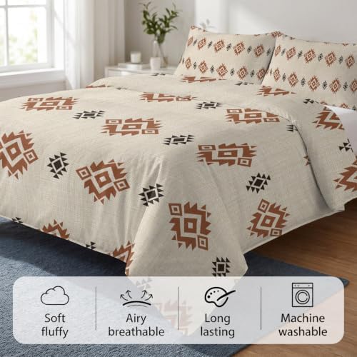 Beige Boho Duvet Cover Queen Size, Western Ethnic Tribe Linen Texture