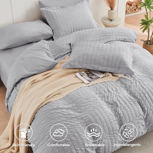 Duvet Cover Full Size, Seersucker Bedding Set, 3 Pieces, Light Grey