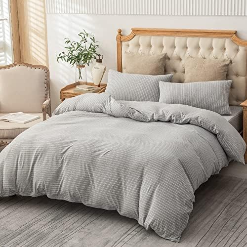 PURE ERA Jersey Duvet Cover Set Heather Grey & White Pintripe Queen