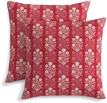 KiuLoam Vintage Red Cream Floral Block Print Decorative Pillow Covers