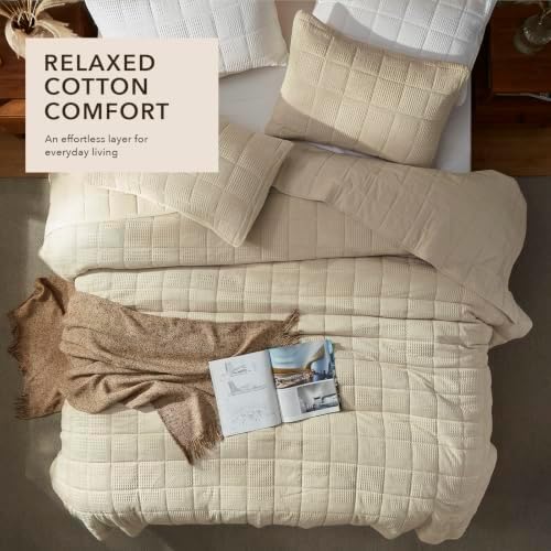 LEAONME 3Pc Quilt Set Cotton Waffle Oversized Cal King Blanket
