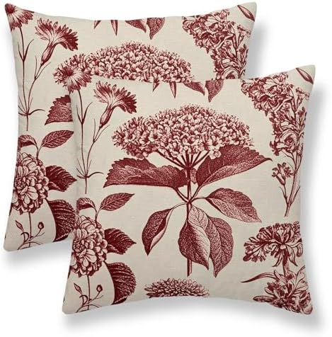 Burgundy Red Floral Pillow Covers 18 x 18 Inch Set of 2 Vintage