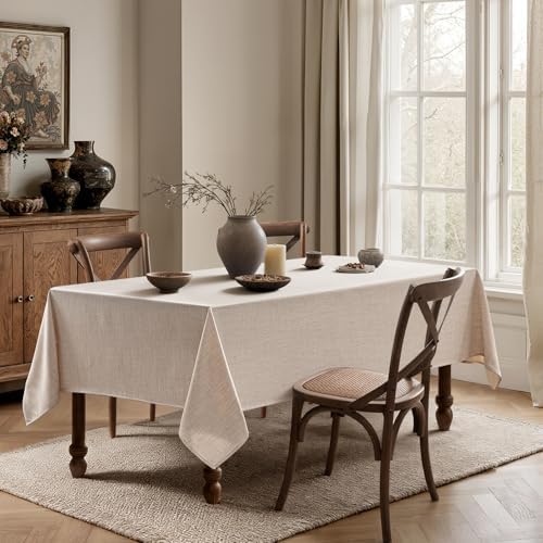 MIULEE Linen Textured Rectangle Tablecloth 52x70 Inch Natural Beige