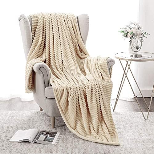 MIULEE Beige Fleece Throw Blanket and Cream White Knitted Throw