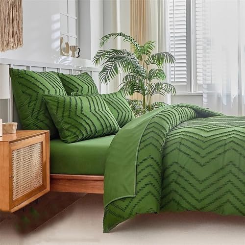 Bedding Set Green Boho Duvet Cover Set, 3Pcs Tufted Textured