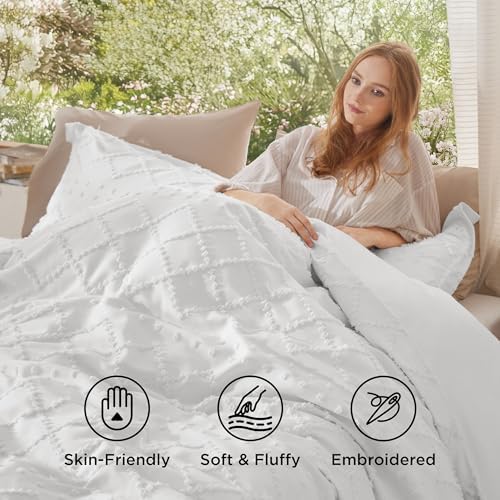 Bedsure White Boho Cal King Duvet Cover, Soft Vintage Embroidery