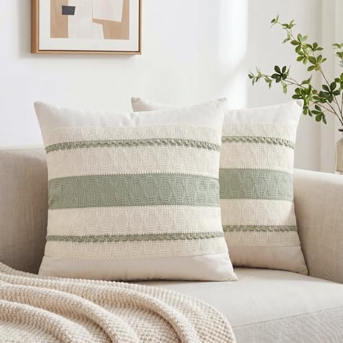 Fancy Homi Set of 2 Sage Green Boho Decorative Throw Pillow Covers