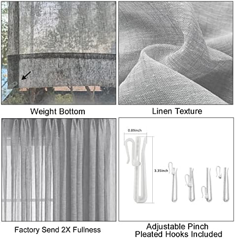 Sheer Curtains 108 inches Long, Faux Linen Double Pleated Window Sheer