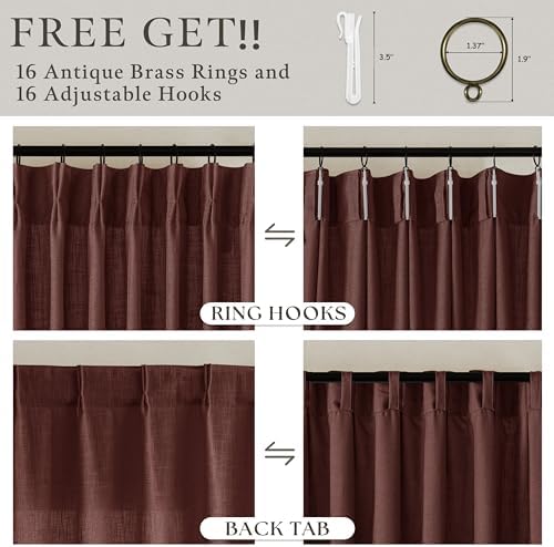 Chestnut Brown Thick Linen Pleated Light Filtering Curtains 96 Inch