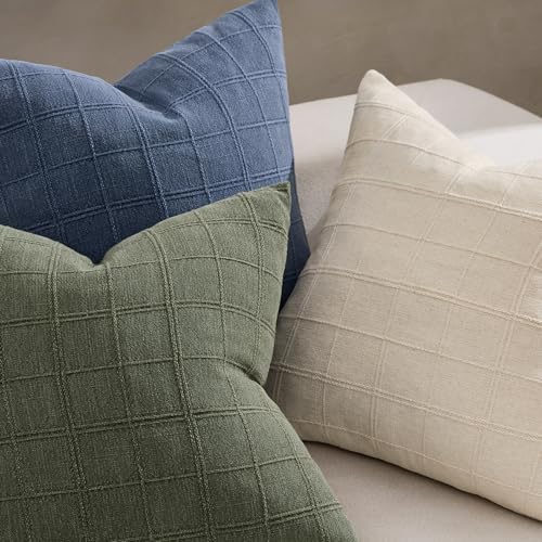 Set of 2 Linen Plaid Pillow Covers 18x18 Inch, Light Olive Green