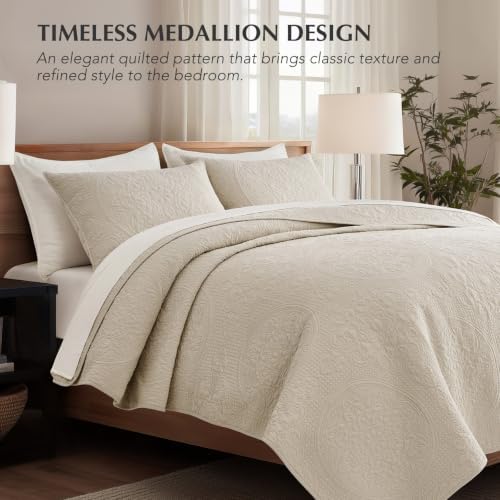 EverGrace 100% Cotton Medallion Stitch Quilt Set, King Size, Birch