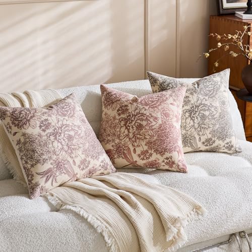 Floral Pillow Covers 22x22 Inch Set of 2 Blue White Farmhouse Block