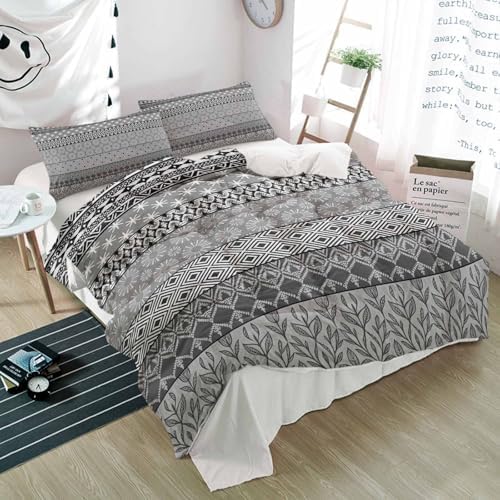 Duvet Cover Set Full, Ethnic Gray Geometric Retro 3 Piece Bedding Set