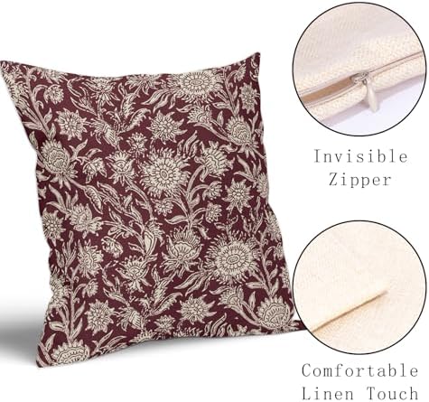 Burgundy Vintage Floral Pillow Covers 18x18 Inch Set of 2 Neutral