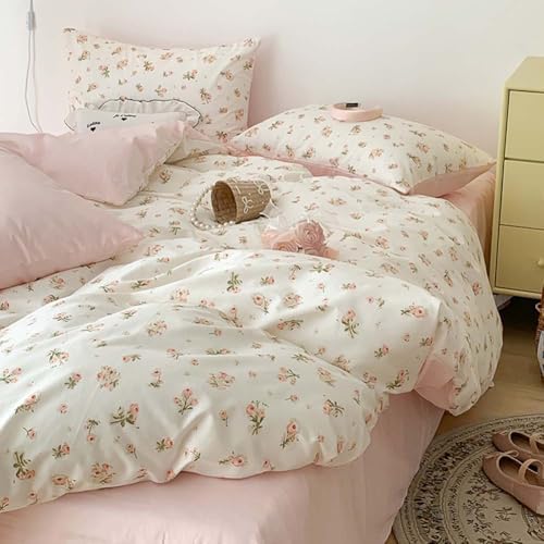 Nayoroom Pink Floral Duvet Cover Set Queen Green Botanical Flower