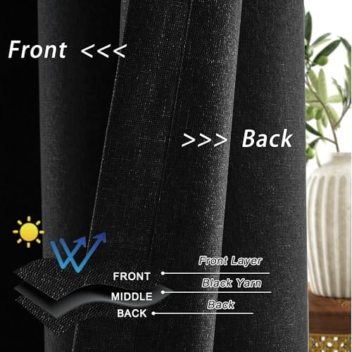 Full Blackout Black Linen Curtains 120 Inch Length 2 Panels