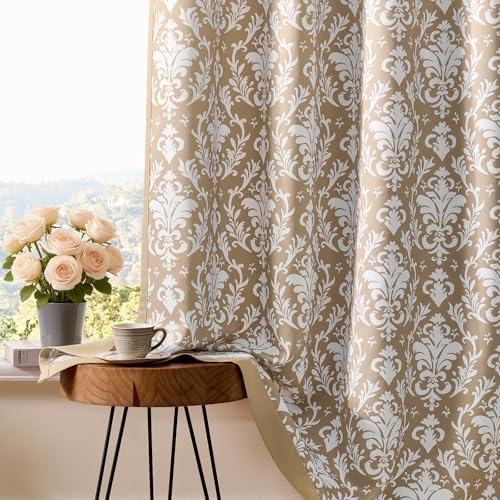 Beige Curtains 84 Inches Long 2 Panels Light Brown Damask Curtains