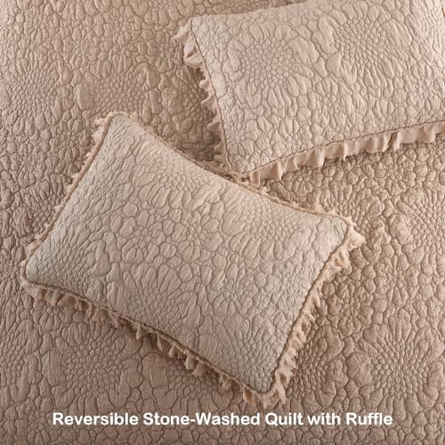 HORIMOTE HOME Pinkish Grey Ruffled Quilt Queen Size, Stone-Washed