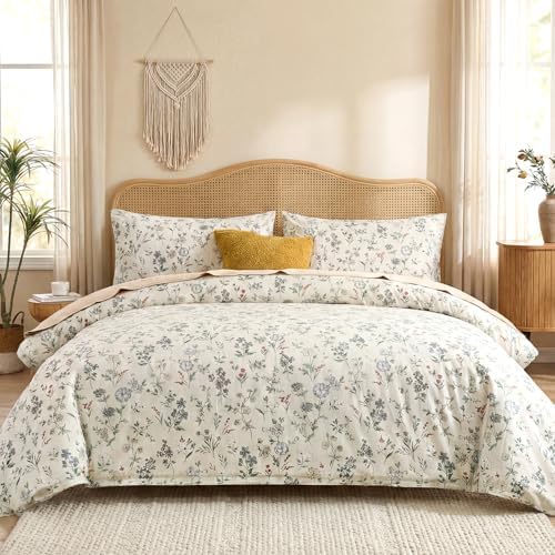 Floral Duvet Cover Set Queen Size 100% Cotton Green Floral Comforter