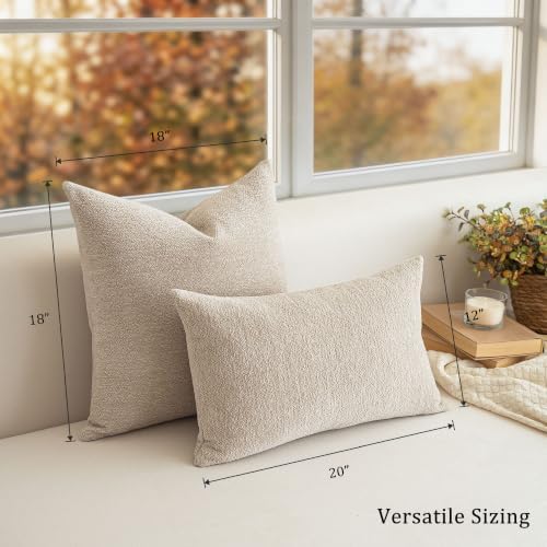 VOIR Oatmeal Beige Chenille Pillow Covers 18x18 Inch Set of 2