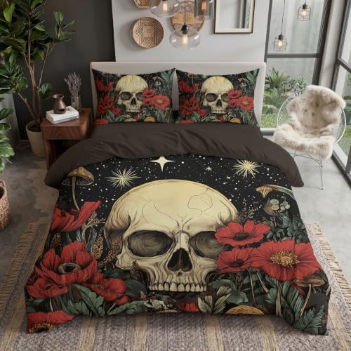 Charcoal Gray Gothic Skull Starry Sky Duvet Cover Set for Women Girls