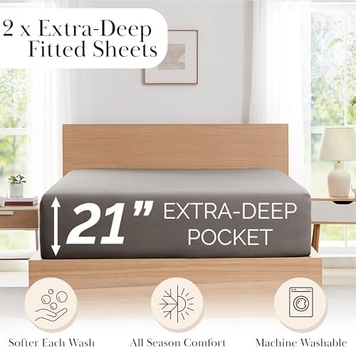 21 Inch Extra Deep Pocket Twin XL Fitted Sheets Only 2 Pack Dark Taupe