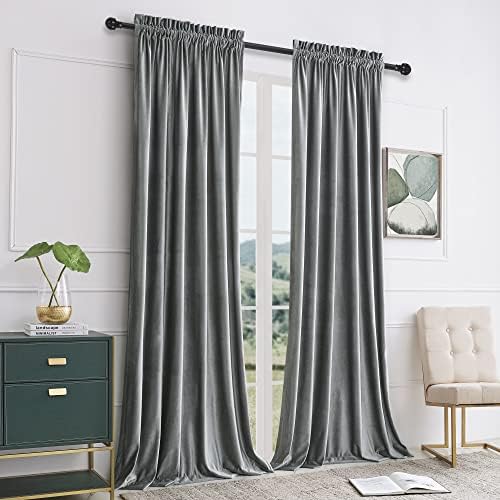 Gray Velvet Curtains 120 inches for Living Room Luxury Room Darkening