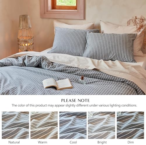 QKTE Striped 100% Washed Cotton Duvet Cover Set King Size 3Pcs