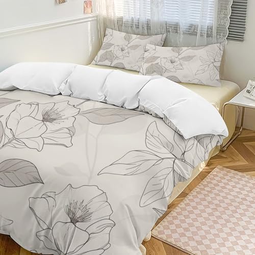 Retro Floral Plant Duvet Cover Set, 3 Piece Microfiber Bedding Set